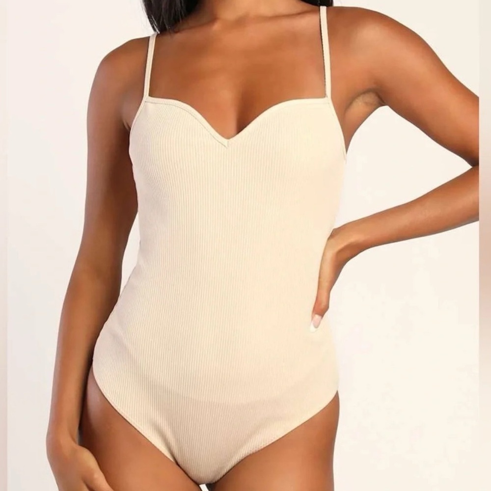 Lulu’s Looking Sweet Beige Ribbed Sleeveless Bodysuit